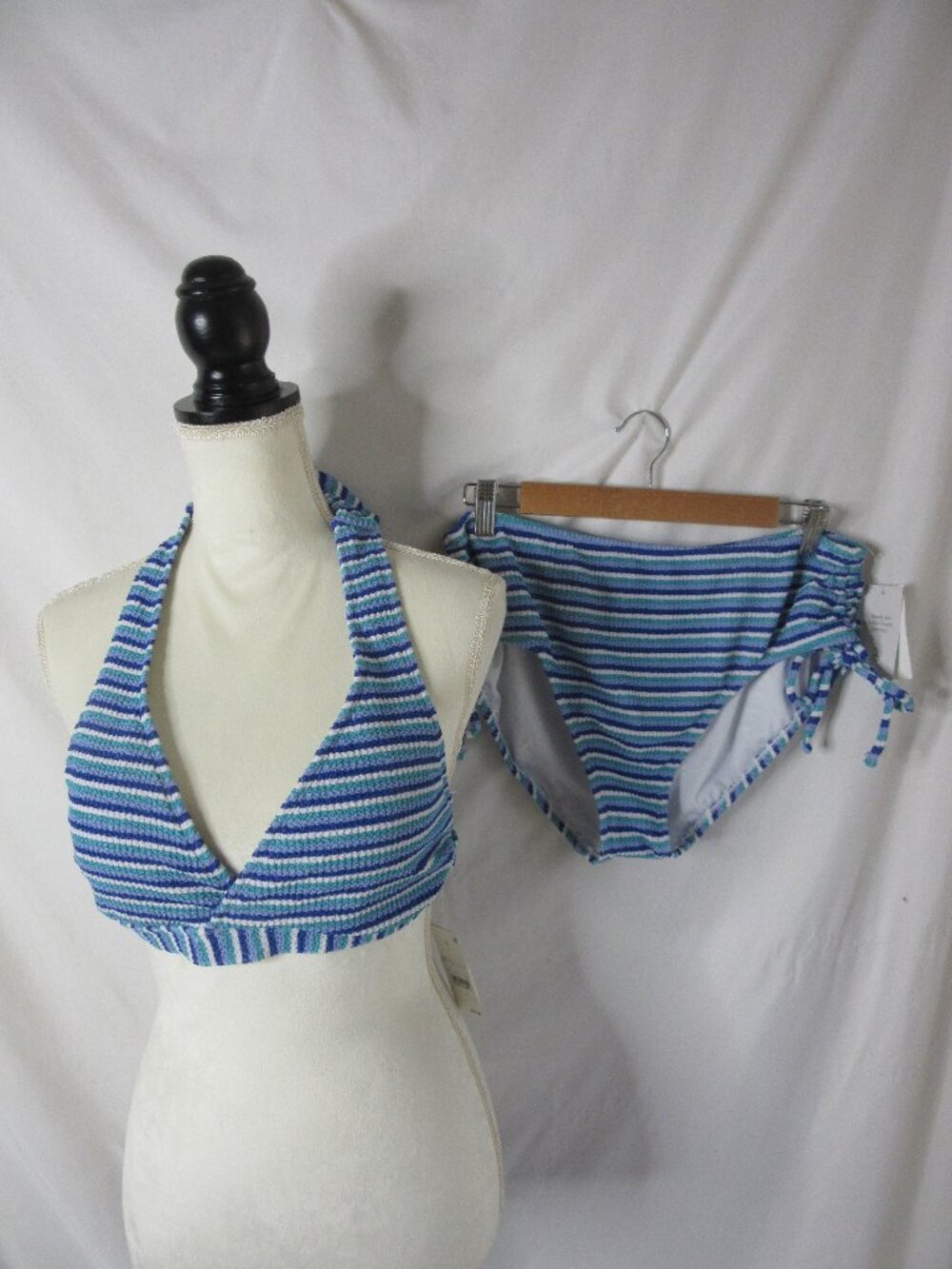 Lands' End 2 Piece Bikini White Blue Teal Stripes Nautical Halter Size Large NWT